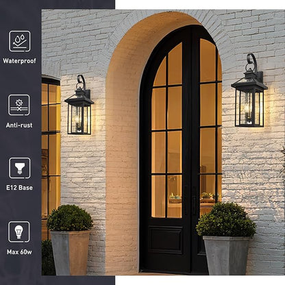 zeyu Medium Outside Wall Light Fixture, 25.2'' Industrial Porch Wall Light for Garage in Black Finish, Die-Cast Aluminum with Seeded Glass Shade, ZW114BM BK