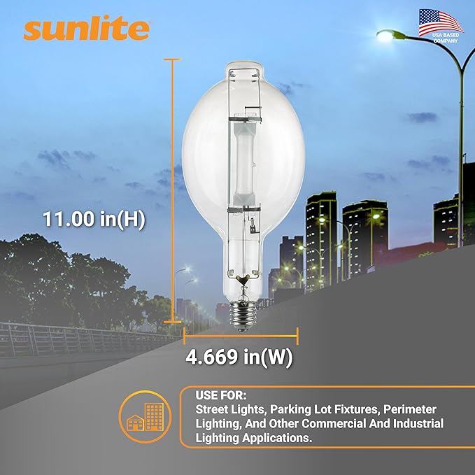Sunlite 03680-SU MH1000/U/BT37 M47 Metal Halide Lamp, 1000 Watts, Mogul Base (E39), BT37, 12,000 Hours Life, 110,000 Lumen, Clear Finish, 4000K