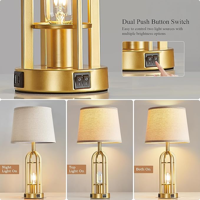Gold Table Lamps for Living Room Set of 2 - Modern Farmhouse Bedside Lamps for Bedroom Night Stands with Nightlight and USB A+C, Industrial Lamp for Living Room End Tables