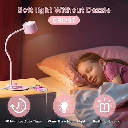 Cute Desk Lamp with USB C + A Charging Port, 5 Colors Dimmable Reading Lamps, Minimalist Pink Lamp for Kids, Eye Care Metal Bedside Table Lamp with Timer Flexible Desk Light for Home Office