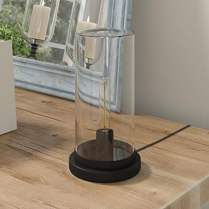 Henn&Hart 13" Tall Uplight Mini Lamp with Glass Shade in Black, for Home, Living Room, Bedroom, Entertainment Room, Office, Kitchen, Dining