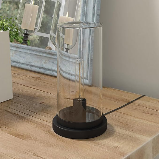 Henn&Hart 13" Tall Uplight Mini Lamp with Glass Shade in Black, for Home, Living Room, Bedroom, Entertainment Room, Office, Kitchen, Dining