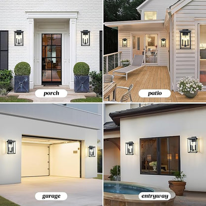 Modern Outdoor Wall Lights,Large Exterior Wall Sconce,Black Porch Light Fixture,Outdoor House Lights Wall Mount,Waterproof Outside Light For Garage Front Door With Thick Clear Glass E12 1 Pack