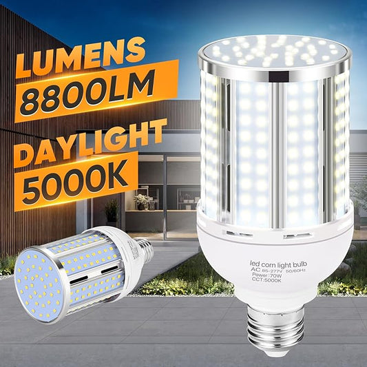 70W LED Corn Light Bulb(2 Pack),(700 Watt Equivalent) Fanless E26/E39 Medium/Large Mogul Base LED Cob Lamp 5000K Daylight 8,800LM for Outdoor Indoor Garage Warehouse Factory Workshop Street Backyard