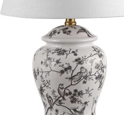 JONATHAN Y JYL3005C 22" French Country Ginger Jar Table Lamp, Gray and White Chinoiserie Ceramic Bedside Lamp for Living Room, Traditional Bedroom Nightstand with White Linen Shade, LED Bulb Included