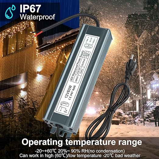 inShareplus 12V 60W Power Supply, LED Driver AC 90-265V to DC 12 Volt 5A IP67 Waterproof, Low Voltage Transformer, Outdoor Driver with 3-Prong Plug 3.3 Feet Cable for LED Light, Outdoor Use