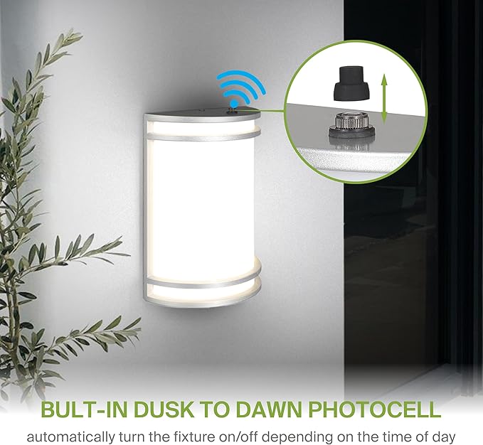 ASD 10 Inch LED Dusk to Dawn Outdoor Wall Mount Light Fixture - Brushed Nickel Modern Wall Sconce Lighting with Photocell - 120-277V 15W 3000/4000/5000K Adjustable - Front Door & Patio, ETL 2 Pack
