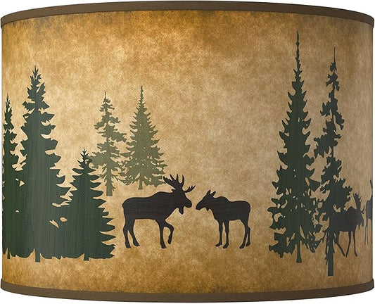 Hardback Giclee Drum Print Lamp Shade Moose Lodge Brown Large 15.5" Top x 15.5" Bottom x 11" High Spider with Replacement Harp and Finial Fitting - Giclee Glow
