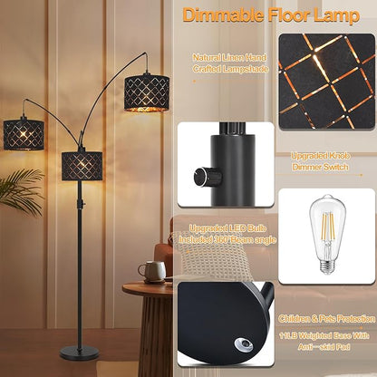 Dimmable Floor Lamp-3 Lights Arc Floor Lamps for Living Room,Modern Tall Standing Lamp with Black Drum Shades,Gothic Mid Century Tree Floor Lamp for Bedroom Corner,3x1000LM LED Bulbs Included