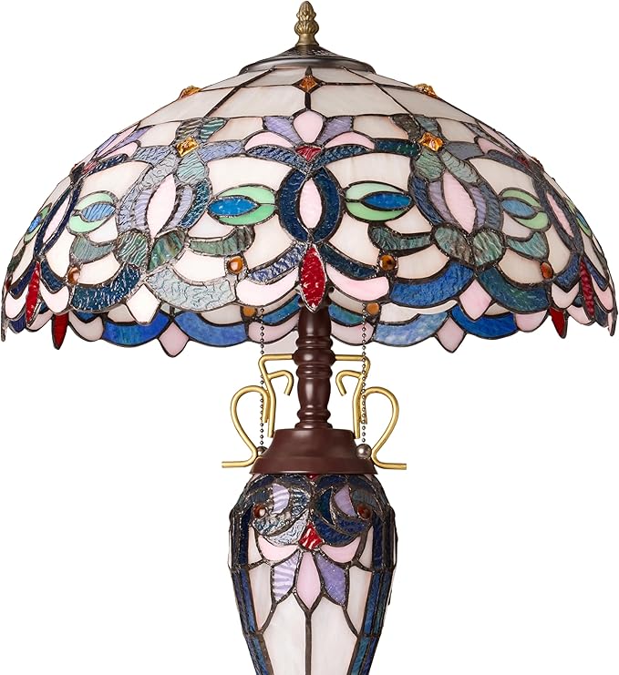 RIVER OF GOODS 24.5" H Victorian Ivory Dome Shade Double Lit Tiffany-Style Stained Glass Table Lamp
