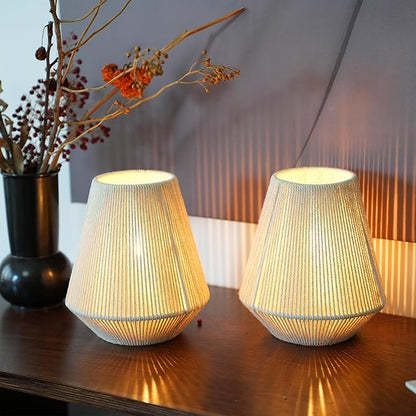 JHY DESIGN Set of 2 Woven Lampshade Table Lamps 8" H Cotton Rope Bedside Light‌s Cordless Decorative Battery Operated Lamps with 6 Hours Timer for Bedroom Living Room Home Parties Patio Events