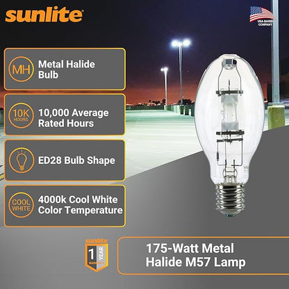 Sunlite 02515 MH175/U/MOG M57 Metal Halide Lamp, 175 Watts, Mogul Base (E39), ED28, 10,000 Hour Life Span, 14000 Lumen, Clear Finish, 4000K (2-Pack)