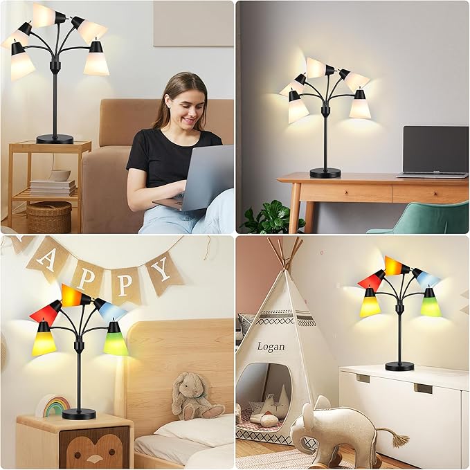 Hamucd Tree Table lamp, Multi Head Medusa 5 Light Adjustable Gooseneck Corner Lamp, Rustic Kids Bedside Reading Lamp with Fun Light Multicolored Shades for Bedroom, Living Room, Office, STR-DL-0027