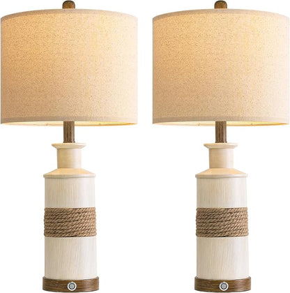 BOBOMOMO 24.5" Farmhouse Boho Table Lamps Set of 2, Hand-Woven Rattan Bedside Lamps with 3-Way Dimmable Touch Control & USB A+C Ports, Nightstand Lamp for Bedroom, Living Room, Corner (Bulbs Included)