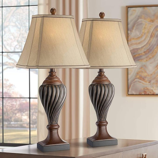 Regency Hill Carved 28 1/2" Tall Urn Traditional End Table Lamps Set of 2 Two-Tone Brown Finish Beige Shade Living Room Bedroom Bedside Nightstand House Office Home Kitchen Entryway Console Family
