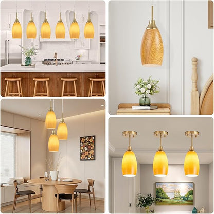 Mini Glass Pendant Light 4.72" Walnut Wood Grain Pendant Lights 1-Pack Handblown Art Oval Glass Hanging Pendant Light for Kitchen Island Dining Room Living Foyer Hallway Entry Brushed Gold