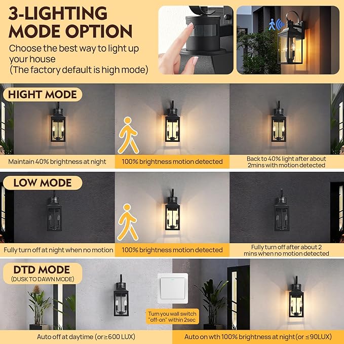 18.9" Black Motion Sensor Outdoor Wall Lantern, 2-Light Farmhouse Porch Light with Clear Glass Waterproof Exterior Light Fixture for Porch, Patio, and Garage 1 Pack Bulb Included