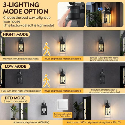 18.9" Black Motion Sensor Outdoor Wall Lantern, 2-Light Farmhouse Porch Light with Clear Glass Waterproof Exterior Light Fixture for Porch, Patio, and Garage 1 Pack Bulb Included