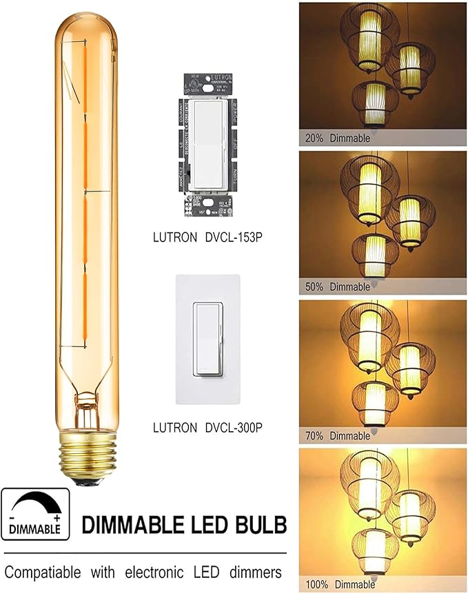 E26 Led Bulbs T10 Dimmable Tubular Light Bulb 4W Equivalent 40 Watt E26 Tube Bulbs 2700K Warm White Amber Glass Edison Style Vintage LED Light Bulb 8.9in,6-Pack.