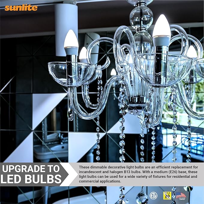 Sunlite LED B13 Torpedo Decorative Chandelier Light Bulb, 7 Watts (60W=), 500 Lumens, 120 Volts, Dimmable, E26 Base, 90 CRI, ETL Listed, Torpedo Frosted, Title-20, 5000K Daylight, 6 Pack