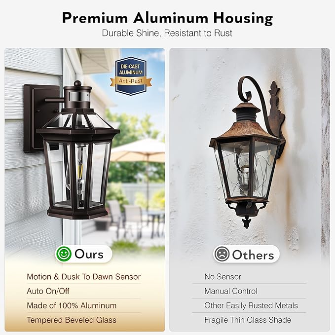 VIANIS Oil Rubbed Bronze Dusk to Dawn Motion Sensor Porch Light, Anti-Rust Aluminum Frame, Tempered Glass, 100% Weather Resistant, Easy Installation, Fits Standard E26 Bulbs