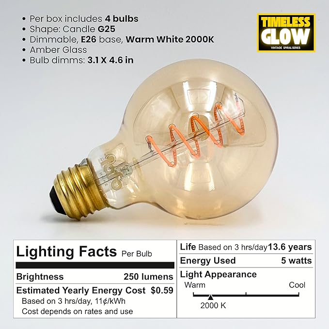 TimelessGlow 8 Pack Dimmable G25 LED Filament Bulb 5W 40W Equivalent Warm Amber 2000K E26 Base CRI80 Amber Glass Spiral Filament ETL FCC Certified Flicker Free Decorative Lighting