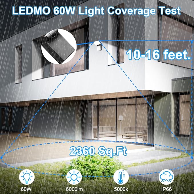 ledmo 60W LED Outdoor Wall Light 350° Horizontal/180° Vertical LED Exterior Wall Lights Modern Neighbor Friendly Adjustable Exterior Flood Lighting 5000k 6000lm IP66 for Upper Areas Yard Porch