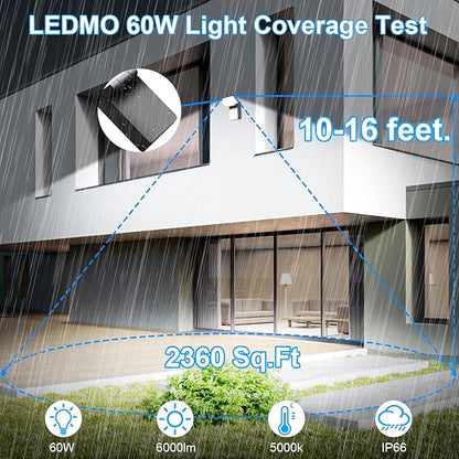 ledmo 60W LED Outdoor Wall Light 350° Horizontal/180° Vertical LED Exterior Wall Lights Modern Neighbor Friendly Adjustable Exterior Flood Lighting 5000k 6000lm IP66 for Upper Areas Yard Porch
