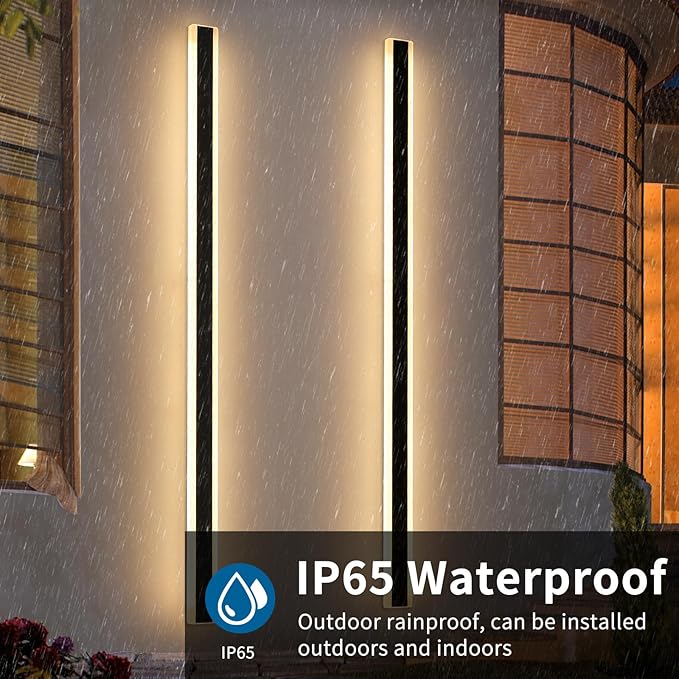 2 Pack Modern Outdoor Wall Light, 71inch LED Long Linear Wall Sconce Dimmable 3000K-6000K, IP65 Waterproof, Exterior Wall Mount Lighting for House, Porch, Patio, Yard, Garage with Remote Control