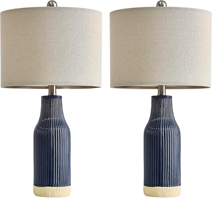 23.75" Modern Blue Ceramic Table Lamp Set of 2 for Living Room, Farmhouse Bedside Nightstand Lamp for Bedroom Home Office Dorm