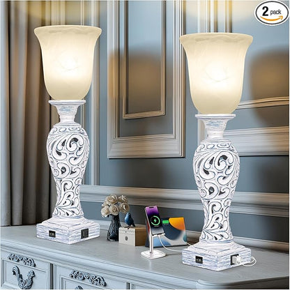 20" Vintage Table Lamp Set of 2 for Living Room, Rustic Farmhouse Bedside Lamps for Bedroom, 3-Way Dimmable Desk Lamps with Nightlight and 2 USB Ports, Traditional Nightstand Lamps with Glass Shade