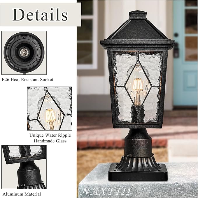 Outdoor Post Lights 16.5 Inch Black Lamp Post Light Fixture Aluminum Column Lighting with Water Ripple Glass E26 Socket Waterproof