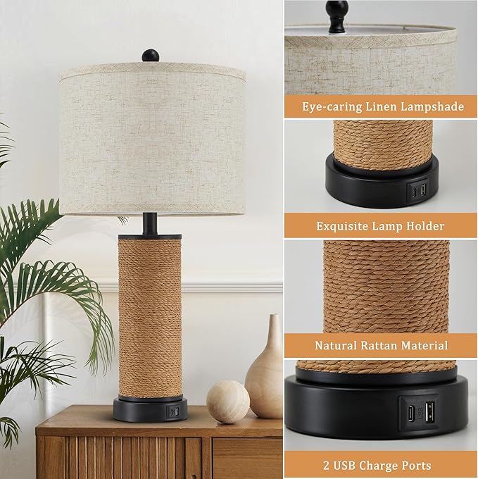 GyroVu Set of 2 Rattan Table Lamps for Living Room with USB C+A Ports, Multi Color Temperature Nightstand Bedside Lamp Rocker Switch Coastal Lamps for Bedroom, Wicker Lamps (2 Bulbs Included)