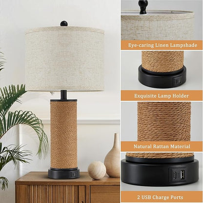 GyroVu Set of 2 Rattan Table Lamps for Living Room with USB C+A Ports, Multi Color Temperature Nightstand Bedside Lamp Rocker Switch Coastal Lamps for Bedroom, Wicker Lamps (2 Bulbs Included)