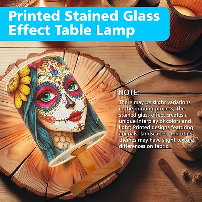Sugar Skull Girl Table Lamp LED 3-Color Pressed Bedside, Sugar Skull Girl Shade Lamp with Wood Base for Bedroom Living Room Desk Office TL01