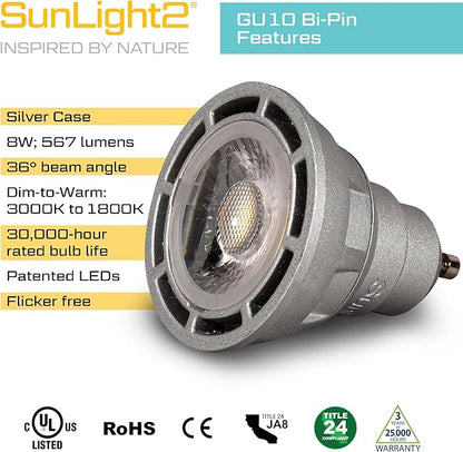 SunLight2® Premium Edition | GU10 LED Bulb 7W | 120V AC | 3000K to 1800K Dim to Warm | CRI 97+ | 36° Beam Angle MR16 Spotlight | Silver Finish | 4 Pack | Energy Efficient Flicker Free