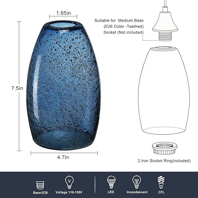 Dark Blue Seeded Glass Pendant Lamp Shade 4.72" Art Glass chandeliers Cover Mini Oval Light Shade Replacement Shade Only Light Fixtures for Kitchen Island Pendant Light 1-Pack