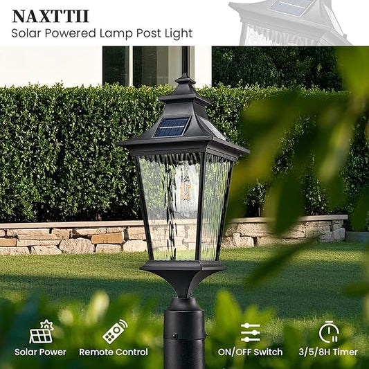 Solar Lamp Post Light Aluminum 20.7 Inch Large Size Outdoor Post Lights Hard Wired with Water Ripple Glass Black Lamp Posts Outdoor Lighting with Remote Control and LED Bulb