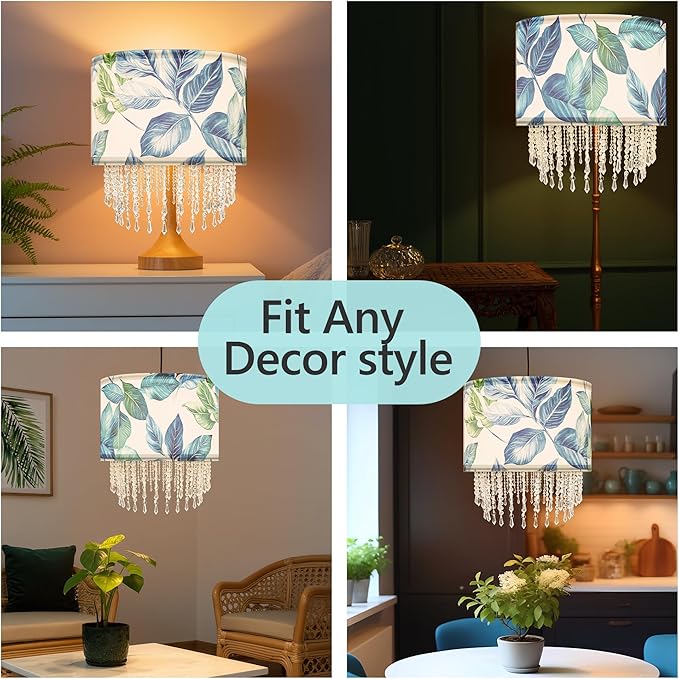 Blue Leaf Tropical Leaf Lamp Shade with Acrylic Bead Droplets, Drum Fabric Light Shade for Ceiling Pendant Table or Floor Lamps, Botanical Nature Home Decor, 15.7in