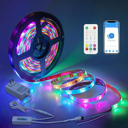 16.4FT RGB IC LED Strip Lights for Bedroom 12V Addressable Smart LED Light Strip Color Chasing Waterproof LED Light with Segmented APP Control Music Sync Strong Adhesive for Gaming Living Room