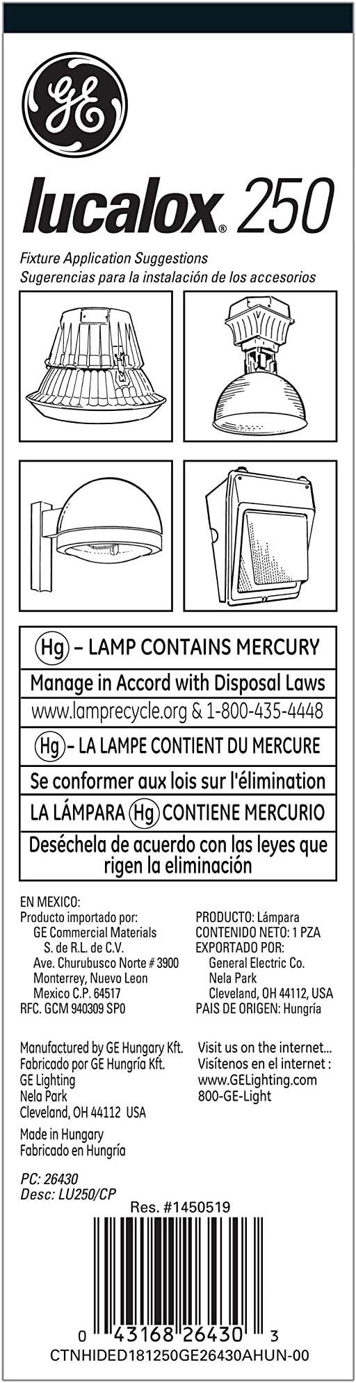GE 26430 250-Watt LUCALOX HID High Pressure Sodium Mogul Base Light Bulb, 1-Pack