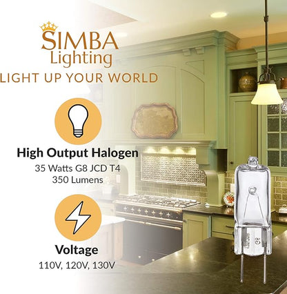 Simba Lighting Halogen Light Bulb G8 T4 35W JCD Bi-Pin (10 Pack) Longer 1.7" Length for Kitchen Hood, Landscape Lights, Desk and Floor Lamps, Wall Sconces, 120V Dimmable, 2700K Warm White