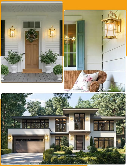 Gold Dusk to Dawn Outdoor Wall Lantern Exterior Light Fixtures Wall Mount Porch Light with Photocell Sensor Waterproof Outside Sconce for House, Patio, Garage,Seeded Glass Outside Wall Lamps