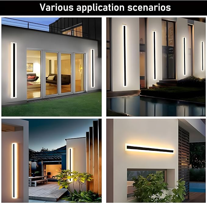 2Pack 31.5inch Long Outdoor Modern LED Wall Light,24W Waterproof IP65 Warm White 110V led Wall Mount Lighting Fixture Rectangular Black Wall Lights Elegant Frosted White Acrylic Anti Rust.