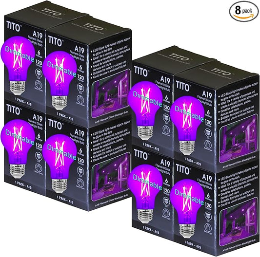 TITO 8 Pack E26 A19 Dimmable Filament LED Black Light Bulbs, UVA 395nm 6W Blacklight Bulb 100W Equivalent, Black Light Bulb Glow in Dark Halloween Christmas Party Fluorescent Posters Decor Display