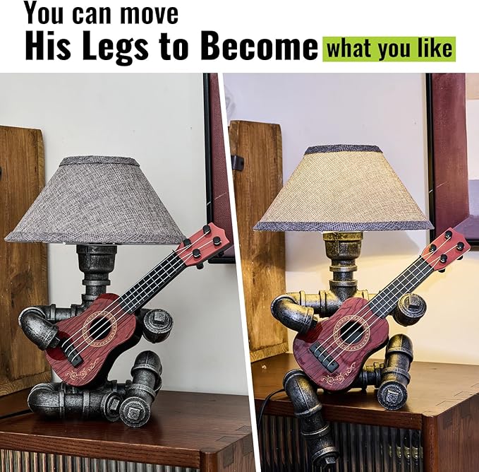 Music Guitar Table Lamp Art Decor Guitar Stuff Cool Gifts for Music Lovers Microphone Players for Men Steampunk Pipe Man Edison Bulb Lamps Retro Guitars Metal Pipe Industrial Robot Lights Silver Gray