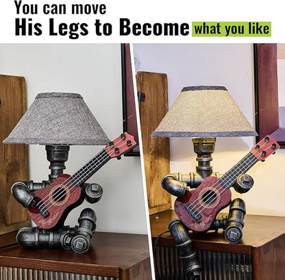Music Guitar Table Lamp Art Decor Guitar Stuff Cool Gifts for Music Lovers Microphone Players for Men Steampunk Pipe Man Edison Bulb Lamps Retro Guitars Metal Pipe Industrial Robot Lights Silver Gray