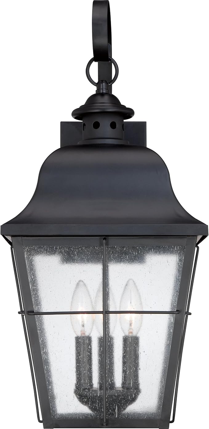 Quoizel Millhouse Outdoor Wall Lantern, 22 Inch, 3-Light Mystic Black Traditional Wall Sconce, Clear Seeded Glass, 60W, Exterior Wall Lantern Fixture, Outside Lights for Patio, Porch, Garage or Yard
