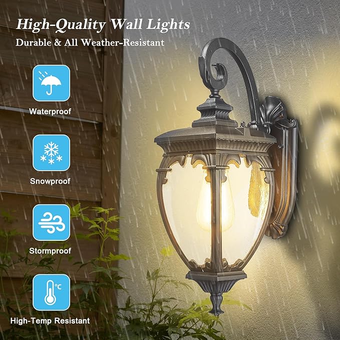 Outdoor Wall Light Fixtures, 18.7 Inch Exterior Wall Lantern Waterproof Sconce, Porch Lights with seeded Glass Shade, Outside Exterior Lights Fixtures for Patio Garage. (Bulbs Not Included)
