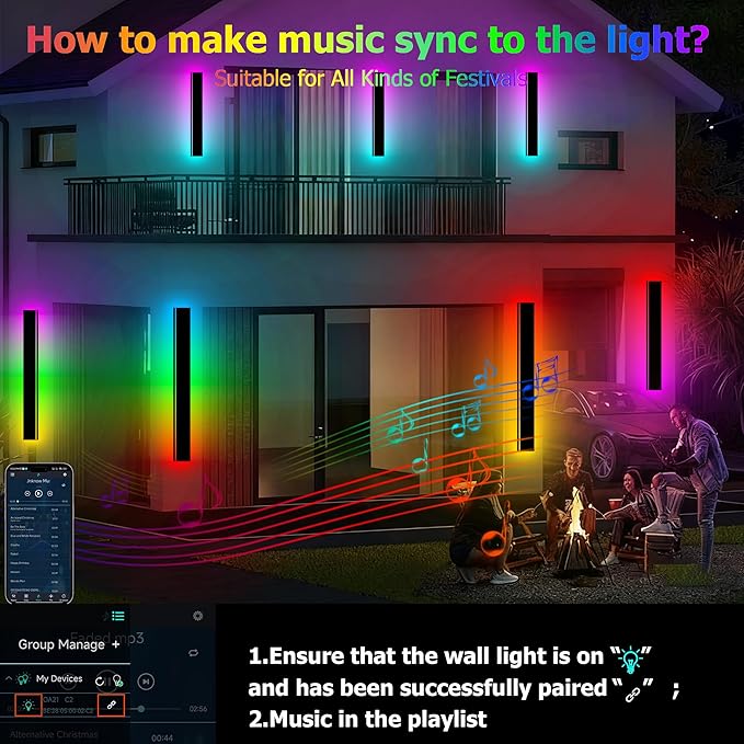 RGB Outdoor Wall Lights Exterior,24in 2PC Modern Outside Linear Wall Sconce,IP65 Waterproof Contemporary Proch Light with Remote and APP Control,Timer Schedule,for Garage and Entrance